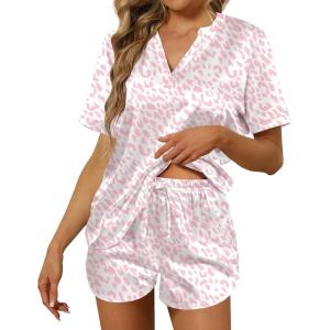Ekouaer Silk Pajamas for Women Short Sleeve Satin Sleepwear Two-piece Pjs Set Soft V Neck Loungewear,S-XXL(White Pink Leopard)