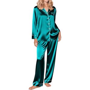 Ekouaer Silk Satin Pajama Set for Womens Button Up Long Sleeve Pjs Sleepwear Soft 2 Piece Loungewear S-XXL(Blue Green)