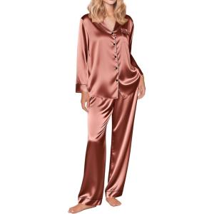 Ekouaer Silk Satin Pajama Set for Womens Button Up Long Sleeve Pjs Sleepwear Soft 2 Piece Loungewear S-XXL(Brown)