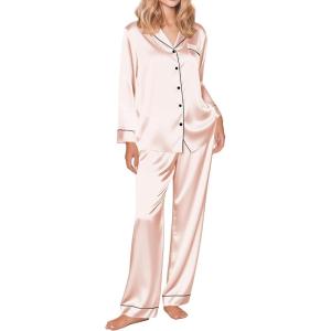 Ekouaer Silk Satin Pajama Set for Womens Button Up Long Sleeve Pjs Sleepwear Soft 2 Piece Loungewear S-XXL(Champagne)