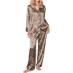 Ekouaer Silk Satin Pajama Set for Womens Button Up Long Sleeve Pjs Sleepwear Soft 2 Piece Loungewear S-XXL(Cheetah Print)