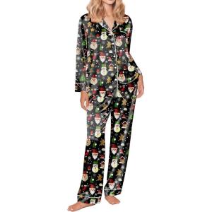 Ekouaer Silk Satin Pajama Set for Womens Button Up Long Sleeve Pjs Sleepwear Soft 2 Piece Loungewear S-XXL(Christmas Black Santa)