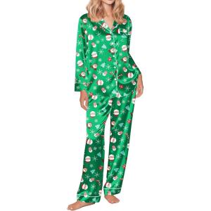 Ekouaer Silk Satin Pajama Set for Womens Button Up Long Sleeve Pjs Sleepwear Soft 2 Piece Loungewear S-XXL(Christmas Green Santa)