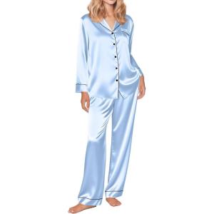 Ekouaer Silk Satin Pajama Set for Womens Button Up Long Sleeve Pjs Sleepwear Soft 2 Piece Loungewear S-XXL(Light Blue)