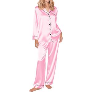 Ekouaer Silk Satin Pajama Set for Womens Button Up Long Sleeve Pjs Sleepwear Soft 2 Piece Loungewear S-XXL(Pink)