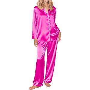 Ekouaer Silk Satin Pajama Set for Womens Button Up Long Sleeve Pjs Sleepwear Soft 2 Piece Loungewear S-XXL(Rose Red)