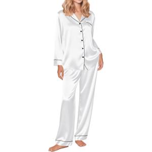 Ekouaer Silk Satin Pajama Set for Womens Button Up Long Sleeve Pjs Sleepwear Soft 2 Piece Loungewear S-XXL(White)