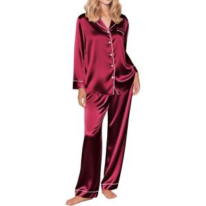 Ekouaer Silk Satin Pajama Set for Womens Button Up Long Sleeve Pjs Sleepwear Soft 2 Piece Loungewear S-XXL(Wine)
