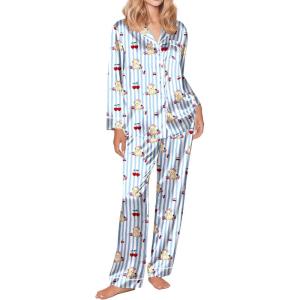 Ekouaer Silk Satin Pajama Set for Womens Button Up Long Sleeve Pjs Sleepwear Soft 2 Piece Loungewear S-XXL(Z Blue Stripe Teddy)