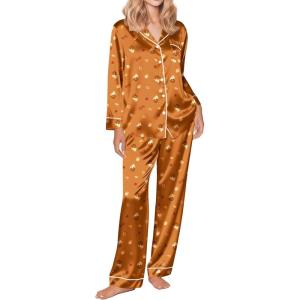 Ekouaer Silk Satin Pajama Set for Womens Button Up Long Sleeve Pjs Sleepwear Soft 2 Piece Loungewear S-XXL(Z Brown Teddy)