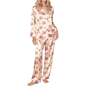Ekouaer Silk Satin Pajama Set for Womens Button Up Long Sleeve Pjs Sleepwear Soft 2 Piece Loungewear S-XXL(Z Cherry Teddy)