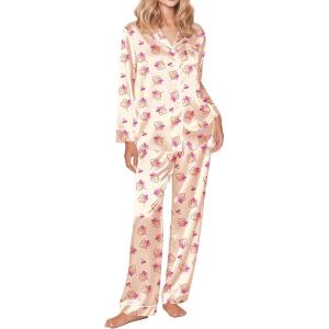 Ekouaer Silk Satin Pajama Set for Womens Button Up Long Sleeve Pjs Sleepwear Soft 2 Piece Loungewear S-XXL(Z Heart Teddy)