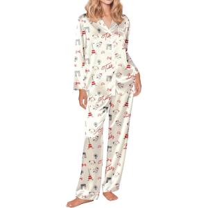 Ekouaer Silk Satin Pajama Set for Womens Button Up Long Sleeve Pjs Sleepwear Soft 2 Piece Loungewear S-XXL(Z Paris Teddy)