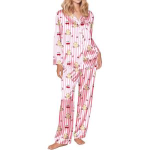 Ekouaer Silk Satin Pajama Set for Womens Button Up Long Sleeve Pjs Sleepwear Soft 2 Piece Loungewear S-XXL(Z Pink Stripe Teddy)