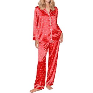 Ekouaer Silk Satin Pajama Set for Womens Button Up Long Sleeve Pjs Sleepwear Soft 2 Piece Loungewear S-XXL(Z Red Christmas Teddy)