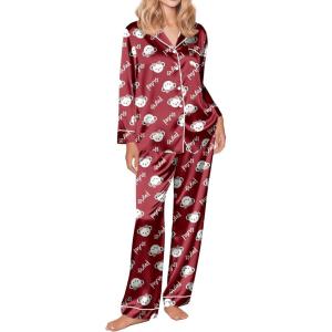 Ekouaer Silk Satin Pajama Set for Womens Button Up Long Sleeve Pjs Sleepwear Soft 2 Piece Loungewear S-XXL(Z Red Teddy)