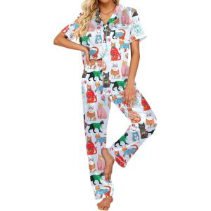 Ekouaer Silk Satin Pajamas Set Women Short Sleeve Sleepwear Soft Button Down Loungewear Pjs Set(Blue Cat)