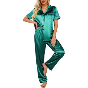 Ekouaer Silk Satin Pajamas Set Women Short Sleeve Sleepwear Soft Button Down Loungewear Pjs Set(Dark Green)