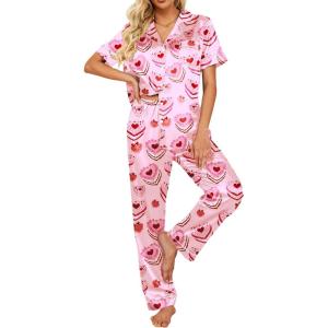 Ekouaer Silk Satin Pajamas Set Women Short Sleeve Sleepwear Soft Button Down Loungewear Pjs Set(Heart-shaped Cake)