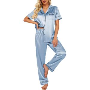 Ekouaer Silk Satin Pajamas Set Women Short Sleeve Sleepwear Soft Button Down Loungewear Pjs Set(Light Blue)