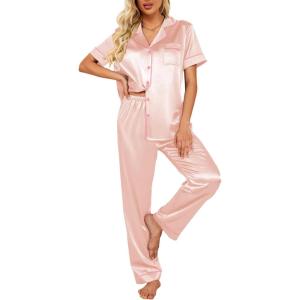 Ekouaer Silk Satin Pajamas Set Women Short Sleeve Sleepwear Soft Button Down Loungewear Pjs Set(Pink)