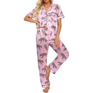 Ekouaer Silk Satin Pajamas Set Women Short Sleeve Sleepwear Soft Button Down Loungewear Pjs Set(Pink Leopard)