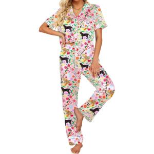 Ekouaer Silk Satin Pajamas Set Women Short Sleeve Sleepwear Soft Button Down Loungewear Pjs Set(Pink Swan)