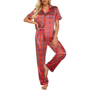 Ekouaer Silk Satin Pajamas Set Women Short Sleeve Sleepwear Soft Button Down Loungewear Pjs Set(Red Plaid)