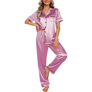 Ekouaer Silk Satin Pajamas Set Women Short Sleeve Sleepwear Soft Button Down Loungewear Pjs Set(Saltwater Blue)