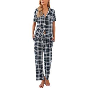 Ekouaer Women Pajamas Set Button Down Sleepwear Short Sleeve Nightwear with Long Pants Soft Pjs Set S-XXL(B_black Plaid)