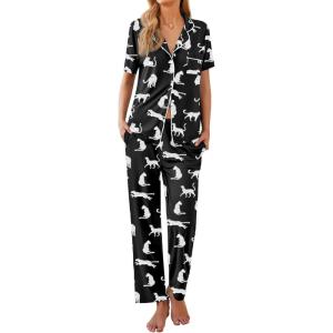 Ekouaer Women Pajamas Set Button Down Sleepwear Short Sleeve Nightwear with Long Pants Soft Pjs Set S-XXL(Black Leopard)