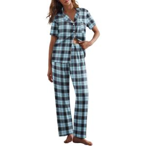 Ekouaer Women Pajamas Set Button Down Sleepwear Short Sleeve Nightwear with Long Pants Soft Pjs Set S-XXL(Blue Black Plaid)