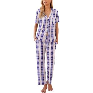 Ekouaer Women Pajamas Set Button Down Sleepwear Short Sleeve Nightwear with Long Pants Soft Pjs Set S-XXL(Blue Plaid)