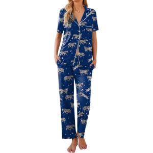 Ekouaer Women Pajamas Set Button Down Sleepwear Short Sleeve Nightwear with Long Pants Soft Pjs Set S-XXL(Blue Zebra)