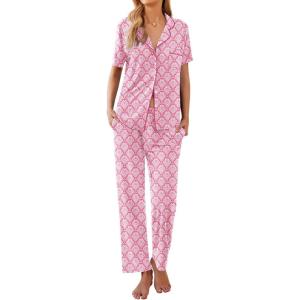 Ekouaer Women Pajamas Set Button Down Sleepwear Short Sleeve Nightwear with Long Pants Soft Pjs Set S-XXL(Clouds)