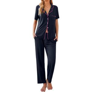 Ekouaer Women Pajamas Set Button Down Sleepwear Short Sleeve Nightwear with Long Pants Soft Pjs Set S-XXL(Dark Slate)