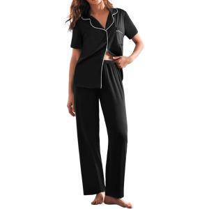 Ekouaer Women Pajamas Set Button Down Sleepwear Short Sleeve Nightwear with Long Pants Soft Pjs Set S-XXL(Deep Black)