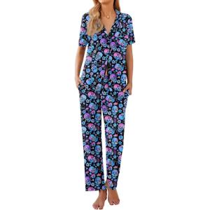 Ekouaer Women Pajamas Set Button Down Sleepwear Short Sleeve Nightwear with Long Pants Soft Pjs Set S-XXL(Halloween_black Skull)