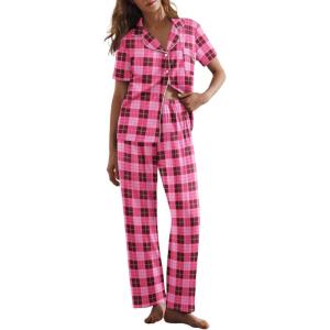 Ekouaer Women Pajamas Set Button Down Sleepwear Short Sleeve Nightwear with Long Pants Soft Pjs Set S-XXL(Hot Pink Plaid)