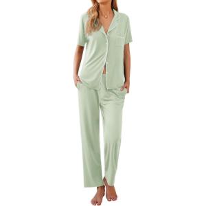 Ekouaer Women Pajamas Set Button Down Sleepwear Short Sleeve Nightwear with Long Pants Soft Pjs Set S-XXL(Ice Green)