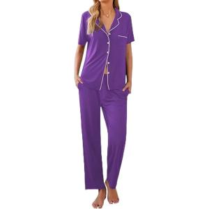 Ekouaer Women Pajamas Set Button Down Sleepwear Short Sleeve Nightwear with Long Pants Soft Pjs Set S-XXL(Lavender)