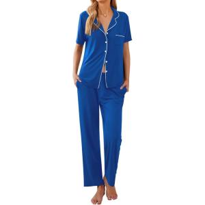 Ekouaer Women Pajamas Set Button Down Sleepwear Short Sleeve Nightwear with Long Pants Soft Pjs Set S-XXL(Light Blue)