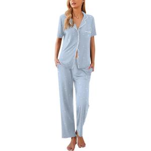Ekouaer Women Pajamas Set Button Down Sleepwear Short Sleeve Nightwear with Long Pants Soft Pjs Set S-XXL(Light Blue Stars)