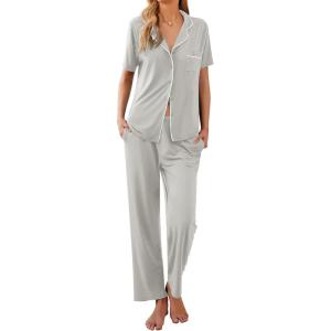 Ekouaer Women Pajamas Set Button Down Sleepwear Short Sleeve Nightwear with Long Pants Soft Pjs Set S-XXL(Light Grey)