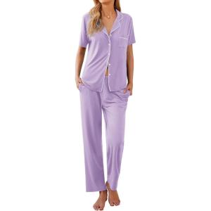 Ekouaer Women Pajamas Set Button Down Sleepwear Short Sleeve Nightwear with Long Pants Soft Pjs Set S-XXL(Light Purple)