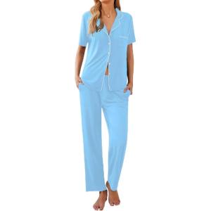 Ekouaer Women Pajamas Set Button Down Sleepwear Short Sleeve Nightwear with Long Pants Soft Pjs Set S-XXL(Light Sky Blue)