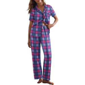 Ekouaer Women Pajamas Set Button Down Sleepwear Short Sleeve Nightwear with Long Pants Soft Pjs Set S-XXL(Magenta Plaid)