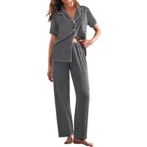 Ekouaer Women Pajamas Set Button Down Sleepwear Short Sleeve Nightwear with Long Pants Soft Pjs Set S-XXL(Medium Grey)