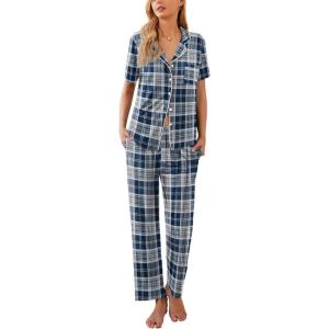 Ekouaer Women Pajamas Set Button Down Sleepwear Short Sleeve Nightwear with Long Pants Soft Pjs Set S-XXL(Navy Blue Black Plaid)