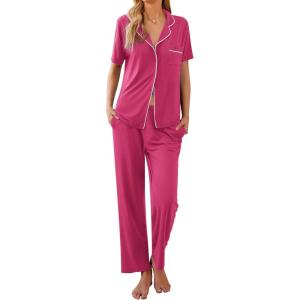 Ekouaer Women Pajamas Set Button Down Sleepwear Short Sleeve Nightwear with Long Pants Soft Pjs Set S-XXL(Pink)